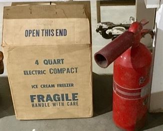Vintage red fire extinguisher & ice cream freezer.