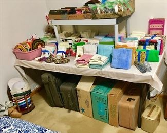 Towels, Linen, and Vintage Samsonite luggage, some in original boxes.