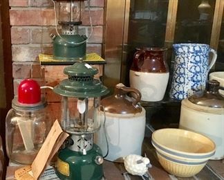 ANTIQUE COLEMAN LANTERNS, CHRISTMAS LANTERN, & ONE STILL IN ORIGINAL BOX & PAPERS.