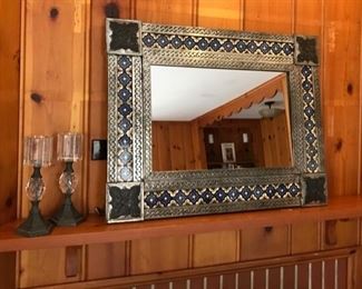 Mexican Tiled Mirror and Candle Sticks