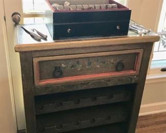 Hand Painted wine cabinet and Set of R & B Sterling -Chambord