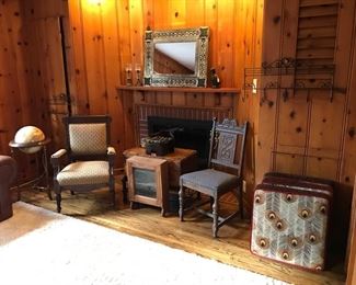 Globe/Stand, Peacock Floor Pillows, Vintage Wall Chest, Iron Brackets, Cuckoo Clock, and more...
