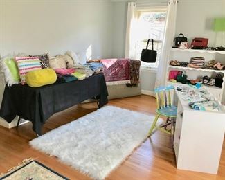 Fun Shag Rug, Pillows, Linens, Purses, White Desk, Book Case, Painted Chair, Headboard, and more...