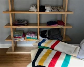 Shelving Unit, Linens, Trapper Point and Hudson Bay Wool Blankets and more...