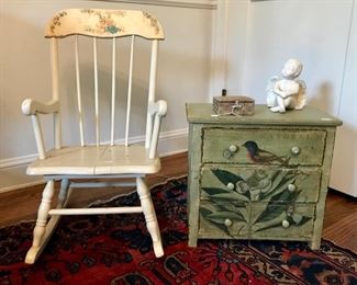 Vintage Rocker and Hand Painted Chest