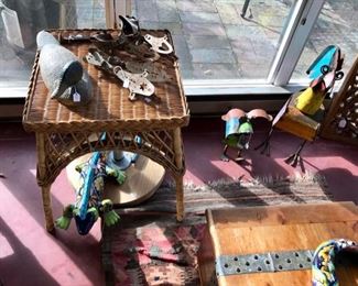 Wicker Side Table, Mexican Metal Sculptures, Vintage Skates, Decoy, Rug, Chest, and more...
