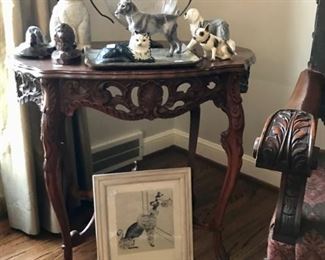 Cat/Dog Figures, and 1950's Framed Poodle and Vintage Table