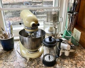 KitchenAid Mixer, French Coffee Press, Cuisinart, and Vintage Waring Pro Mixer