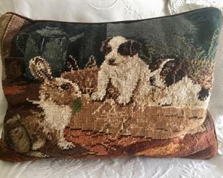 Bunny and Puppy Needlepoint Pillow