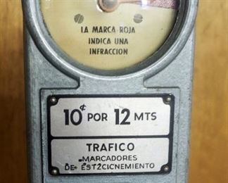 Antique Spanish "Trafico" Coin-Operated Parking Meter On Original Steel Post, 61" Tall