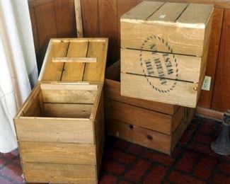 "The American West" Wood Crate Boxes, Qty 3, 2 With Hinged Lids, 18" X 17" X 17", 1 Box Without Lid, 17.5" X 22" X 22"