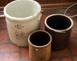 Western Stoneware Crocks, Qty 3, 5 Gallon, 2 Gallon and 1 Gallon