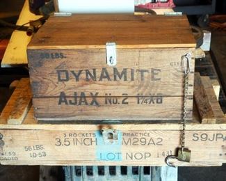 Ajax No. 2 Wood Dynamite Box 8.5' X 18.5" X 14" And 3.5" M29A2 Rocket Box 7" x 30" x 14"