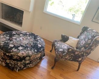 •	Floral arm chair with foot stool
