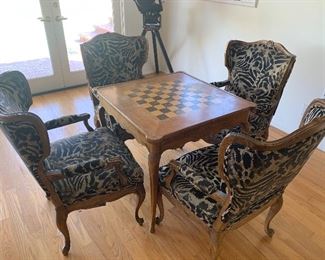 Alice in Wonderland style Zebra chairs with Checkerboard Table