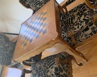 Alice in Wonderland style Zebra chairs with Checkerboard Table