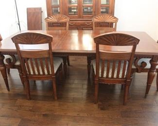 Haverty's Cherrywood table and 6 chairs, 96" x 43" with one leaf inserted (shown). Includes additional 16" leaf.