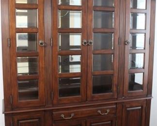 Haverty's Cherrywood china cabinet with lighting, measures 62" wide, 90" tall, 16" deep