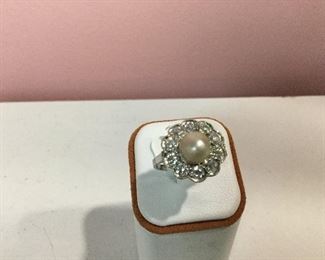 Platinum, diamond and pearl ring