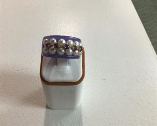 Lavender jade, pearl and ruby ring