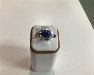 White gold, blue star sapphire and diamond ring