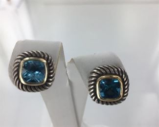 David Yurman Sterling Silver and gold, blue topaz earrings