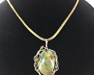 Moss Agate with Sterling Silver and Copper Pendant.