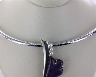 Sugilite and Cultured Pearls set in a Sterling Silver Pendant.  