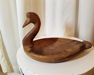 Wooden bowl, carved fowl