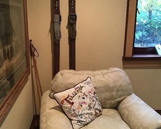 One of a pair of armchairs, antique wooden skis