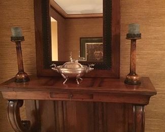Neoclassic style console and mirror, silverplate tureen not being sold