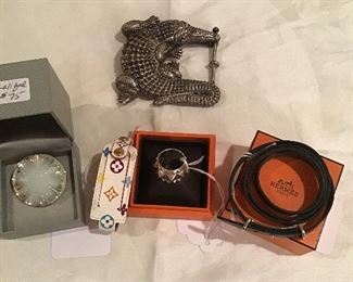 Hermès ring, bracelet, LV bracelet, Lalique brooch, Kieselstein Cord buckle