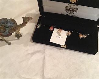 Bergmann Vienna bronze camel sculpture, Faberge wine glass charms