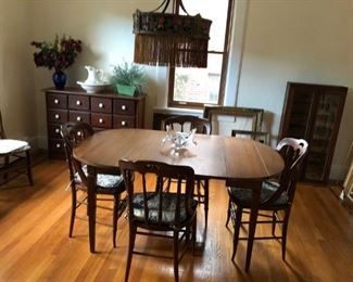 Drop Leaf Dining Table w/ 4 Leaves, Chairs, Cabinet, Light Fixture
