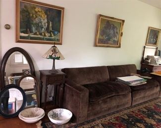 Sofa, Mirrors, Tiffany Style Lamp, Paintings