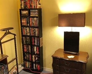 Nightstand, Lamp, DVDs and VHSs