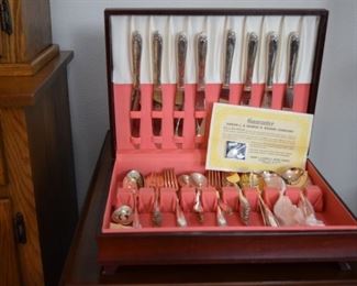 Rogers Oneida Heavily Plated with Pure Silver Flatware Set. 8 Place Setting with Serving Pieces in Wood Case
