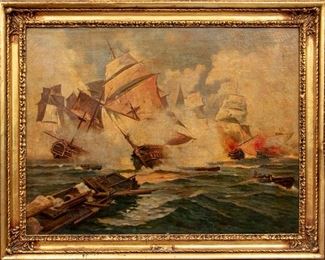 Ricardo Verdugo Landi (Spain, 1871-1930) Large Scale Oil On Canvas, Galleons In Battle At Sea