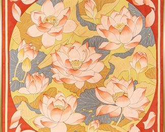 Vintage Framed Hermes Silk Carre Scarf- "Fleurs De Lotus"
