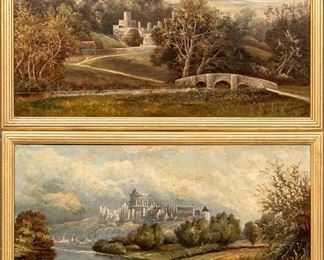 T. Clark, Two 19th C. Oils On Canvas Lined On Board, English Landscapes With Castles