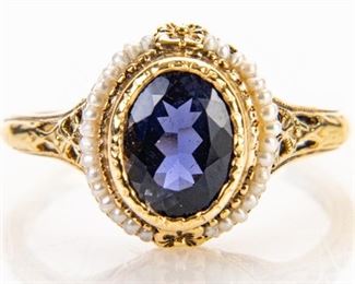 14K Gold, Amethyst & Seed Pearl Ring