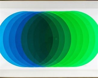 Signed Large Scale Modern Color Lithograph- Overlapping Circles In Blue And Green