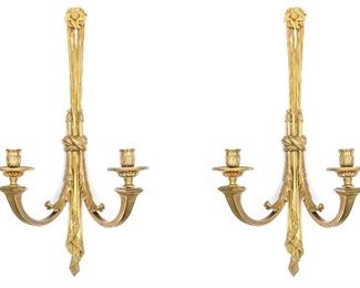 Pair 19th C. Tall Dore Bronze Twin Light Candle Sconces