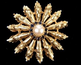 14K Gold, Pearl & Sapphire Brooch