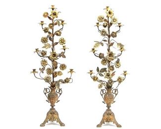 Pair Of Vintage Tall Brass Candlesticks With Urns And Floral Vines