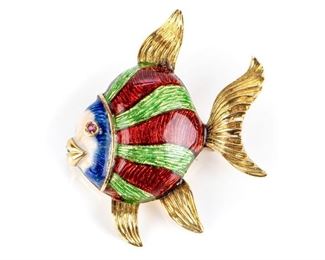 18K Gold Guilloche` Enamel Fish Brooch