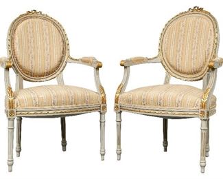 Pair Of 19th C. Louis XVI Carved, Painted And Gilt Fauteuils