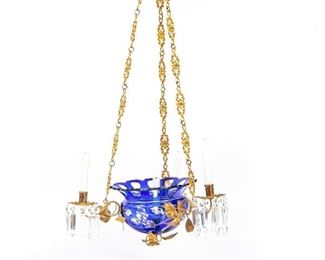 Mid 19th C. Cobalt Cut To Clear Crystal And Gilt Late Empire Style Ceiling Fixture
