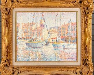 Jean Bellon (France, B.1944) Oil On Canvas, Sailboats In A Harbor