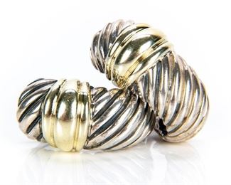 Pair Of David Yurman Shrimp Sterling Silver & Gold J Hoop Earrings